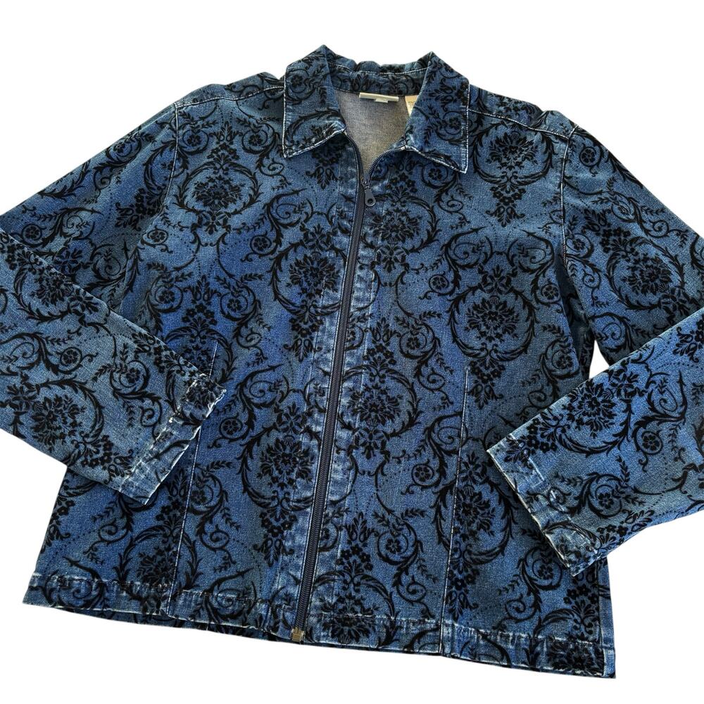 Vintage Chico’s Design Blue Denim Jacket Black Velvet Floral Damask Pattern Sz 2